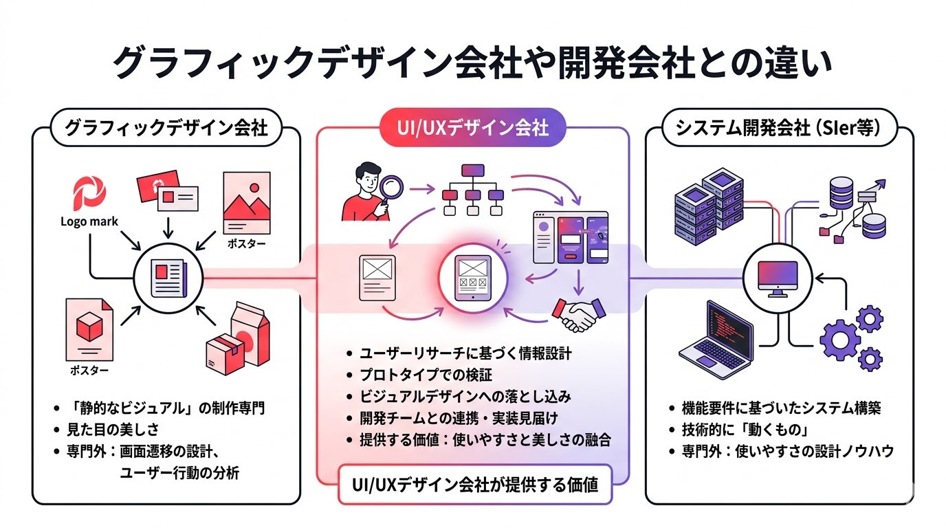 グラフィックデザイン会社・開発会社・UI/UXデザイン会社の違い